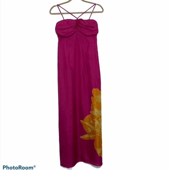 Express Y2K 90’ 100% Silk Pink Maxi Dress w/ flower detail - Picture 6 of 17